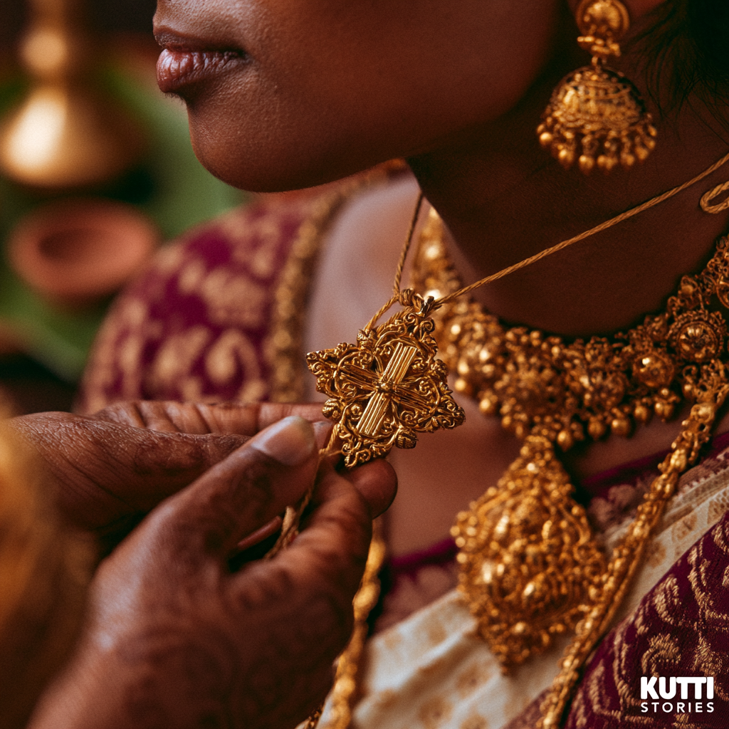 Traditional minnu and wedding detail at a South Indian Christian wedding