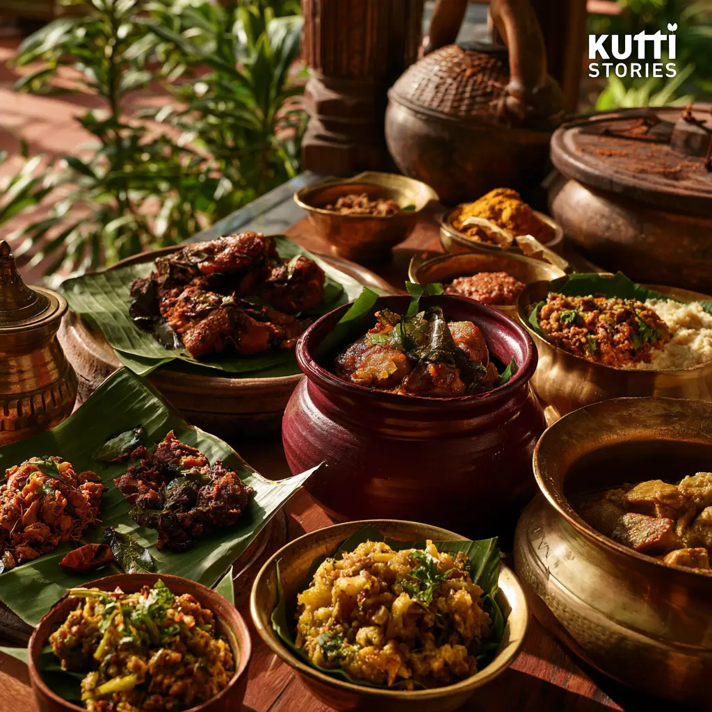 Peppery country chicken, crispy fish fry and soft mutton kola urundai served in brass and clay