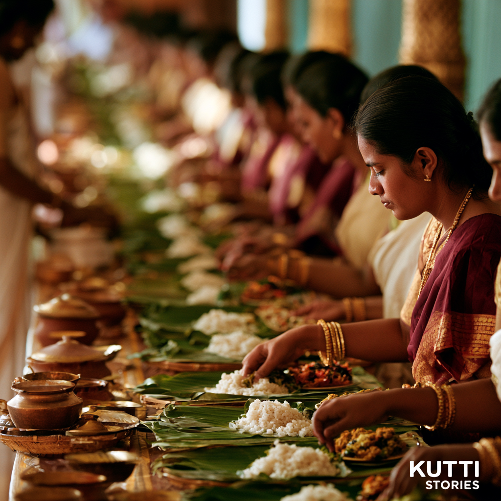 Servers moving down a long row of banana leaves, refilling rice and gravies for seated guests