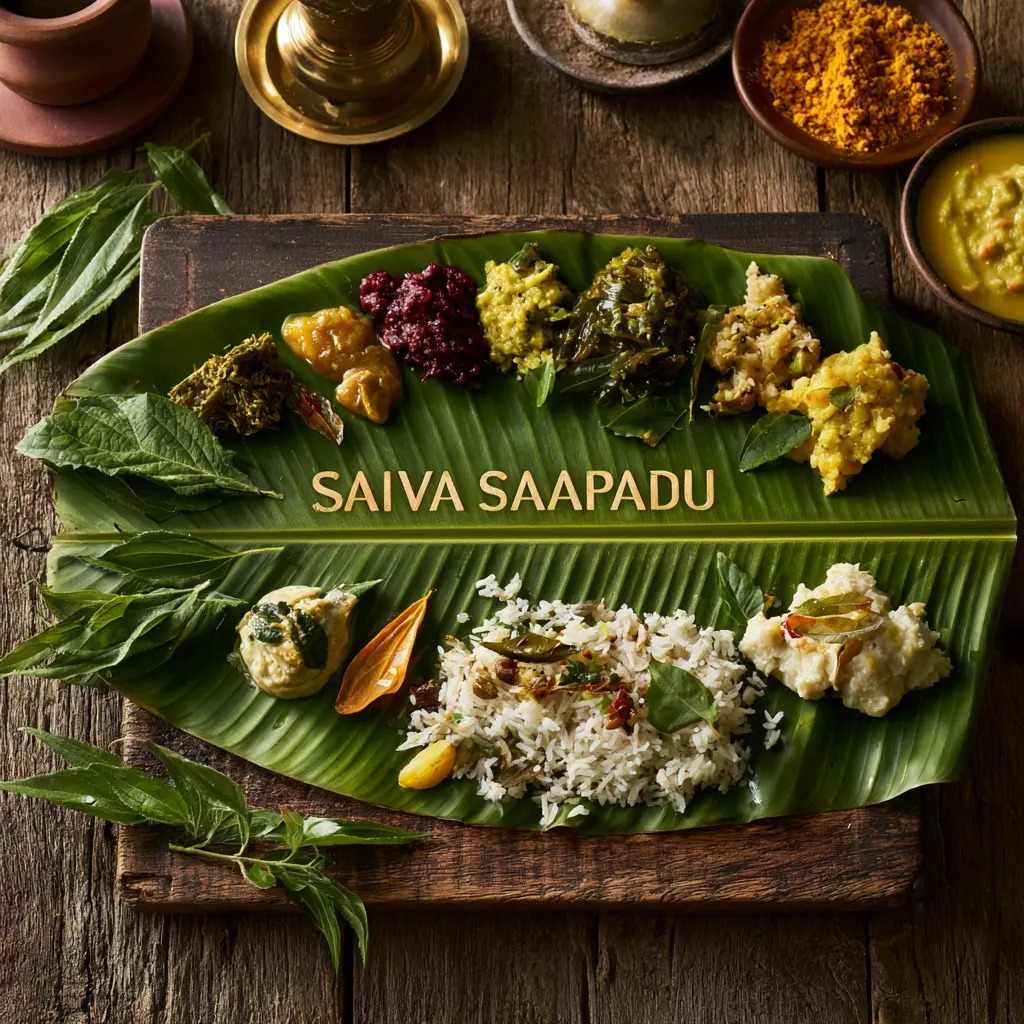 Traditional pure vegetarian saiva sappadu served on a banana leaf