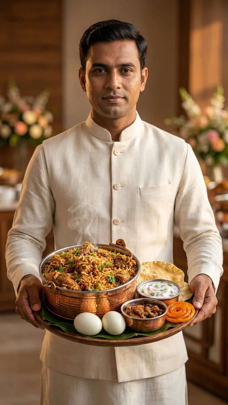 Joy Events server presenting a copper handi biryani platter