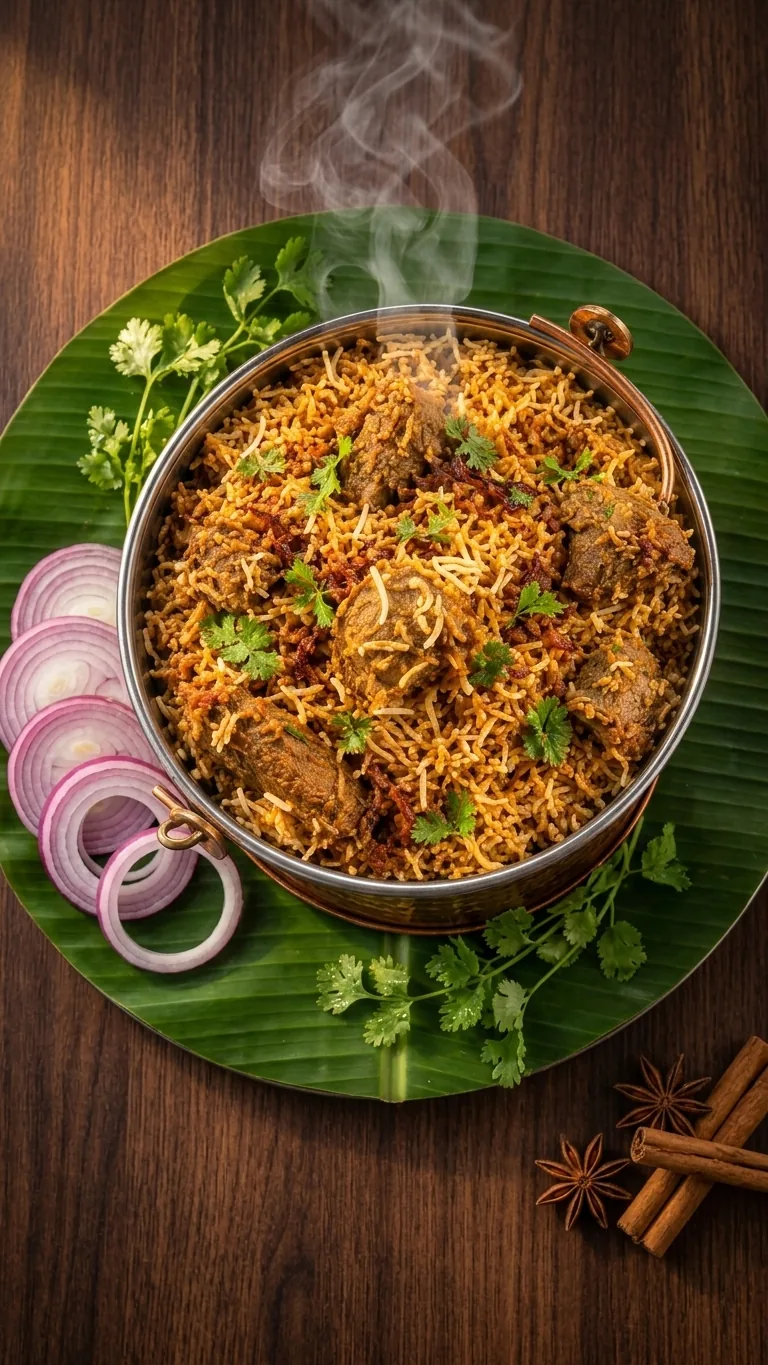 Top-down view of aromatic mutton biryani in a copper pot on banana leaf