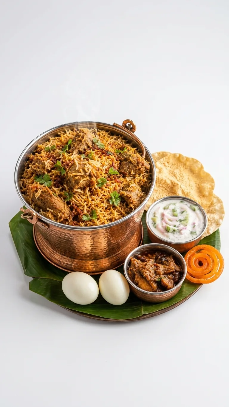 Signature biryani thali with raita, gravy, boiled eggs, papad and jangiri