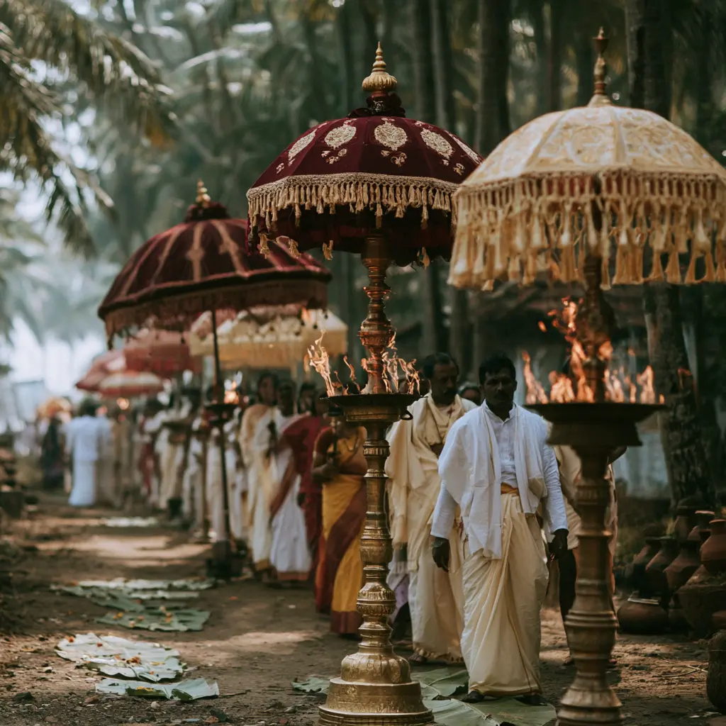 Ceremonial procession under decorated umbrellas at a Christian wedding in South India