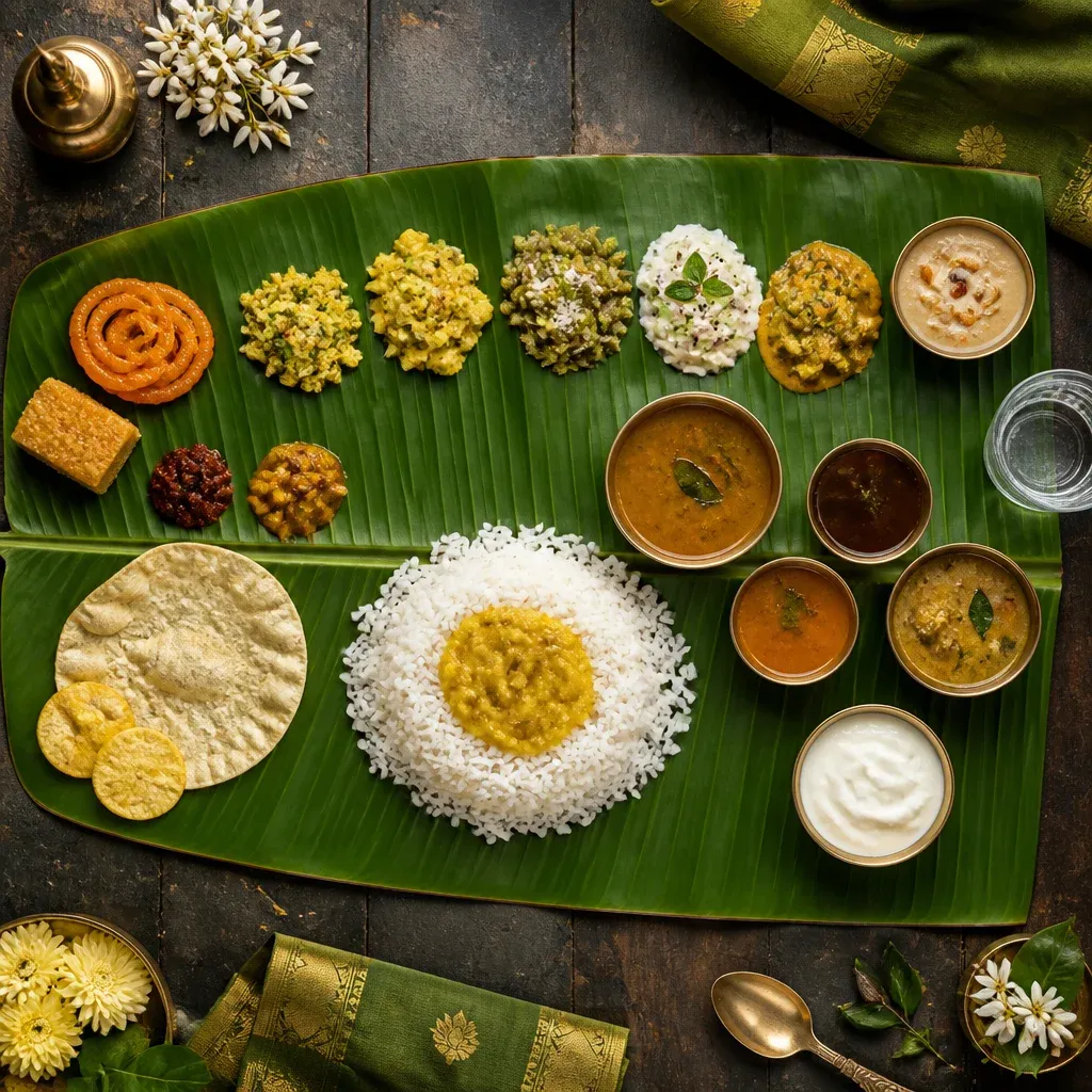 Traditional Chennai banana-leaf sadhya with rice, sambar, poriyal and payasam served at a Tamil wedding by Joy Events & Catering